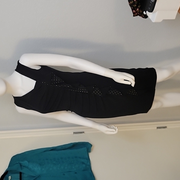 SAINT TROPEZ WEST 1990s Black Ruffle Embellished Ruched Bodycon Angled Dress - Picture 2 of 8